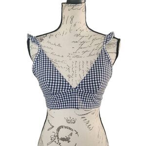 Aerie Women's Size Medium Navy White Check Ruffle Strap Triangle Bikini Top